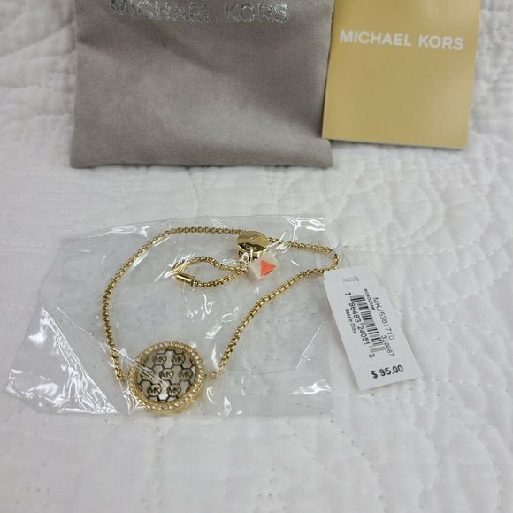 Michael Kors monogram logo circle pave cuban chain yellow gold slider bracelet - Picture 3 of 7